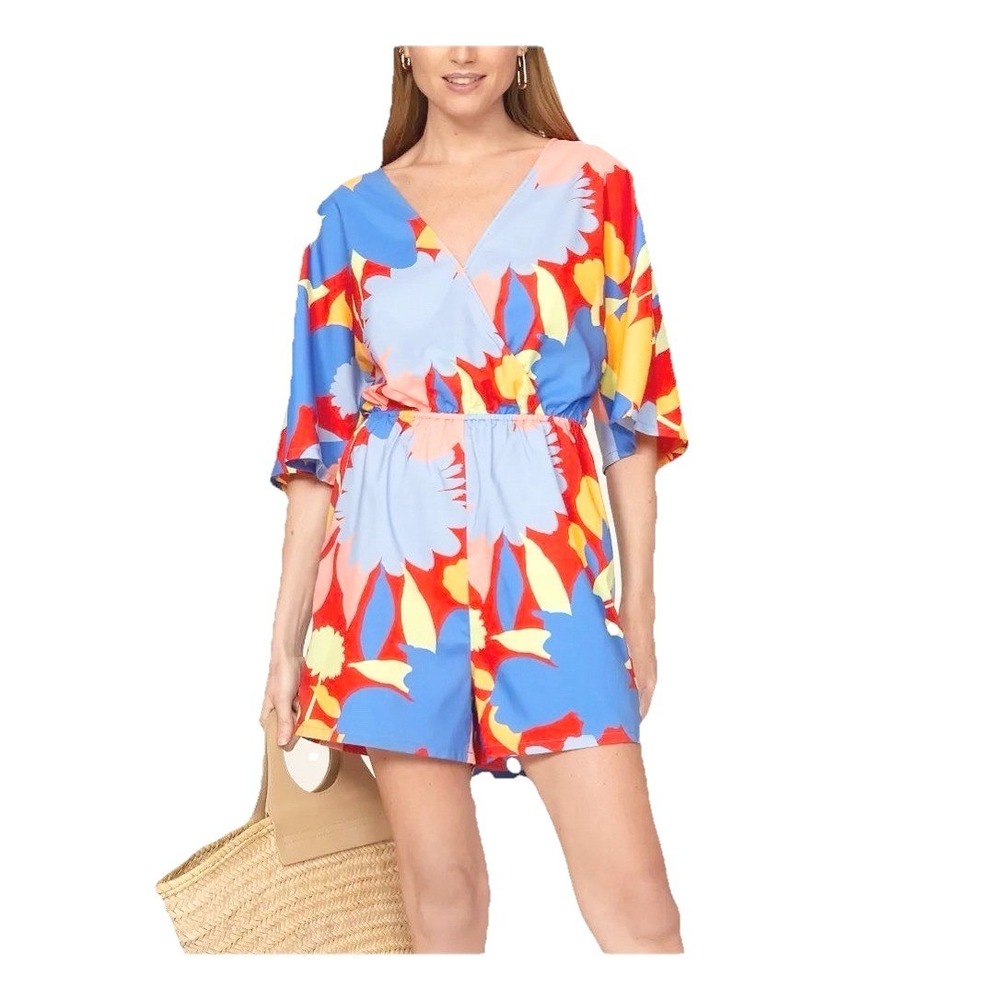 Peter Som Collective Floral Wrap Romper Blue Red Yellow Size 4